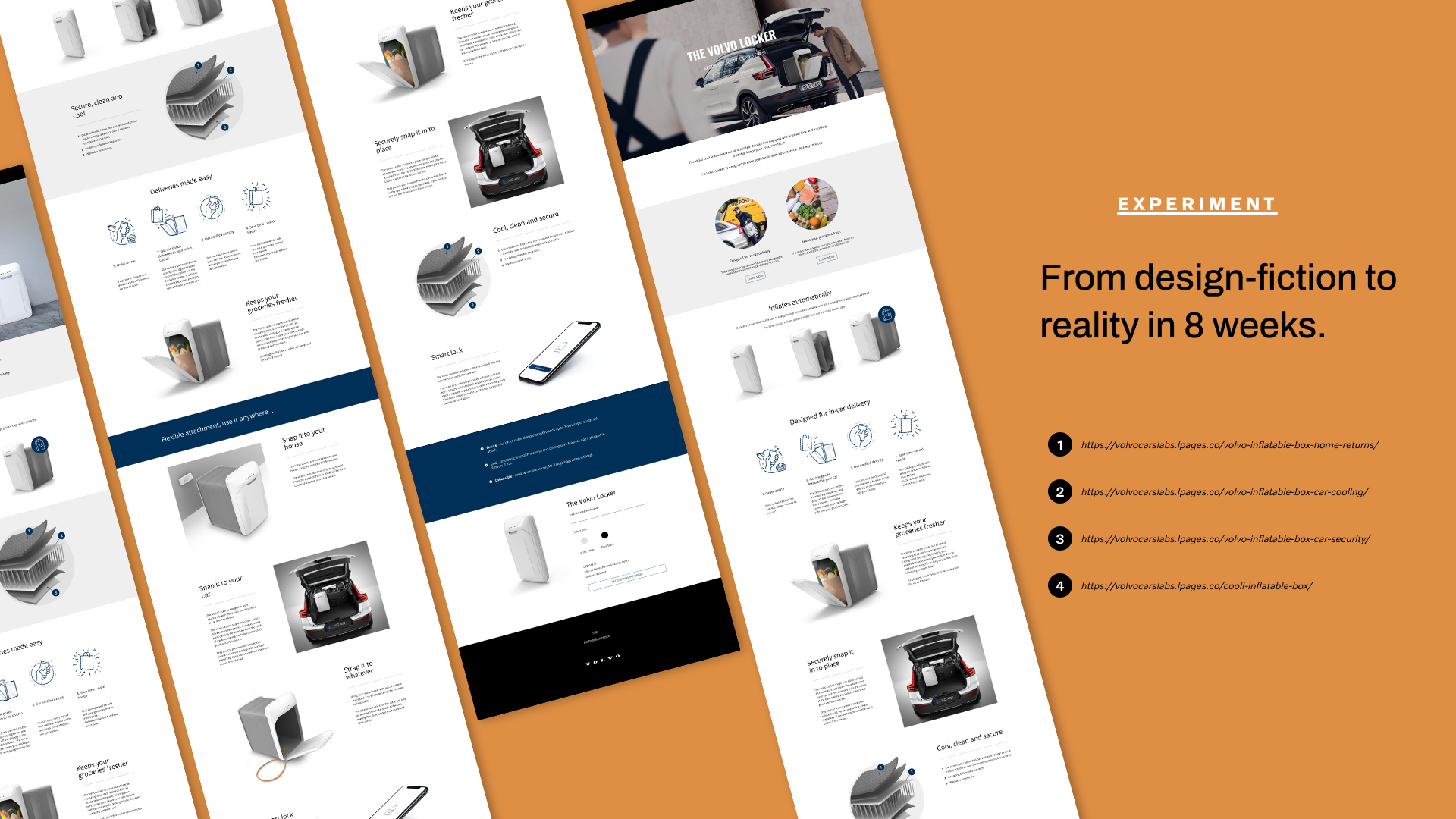 Volvo Locker experiment showing delivery-box concept landing pages, from design fiction to reality in eight weeks.