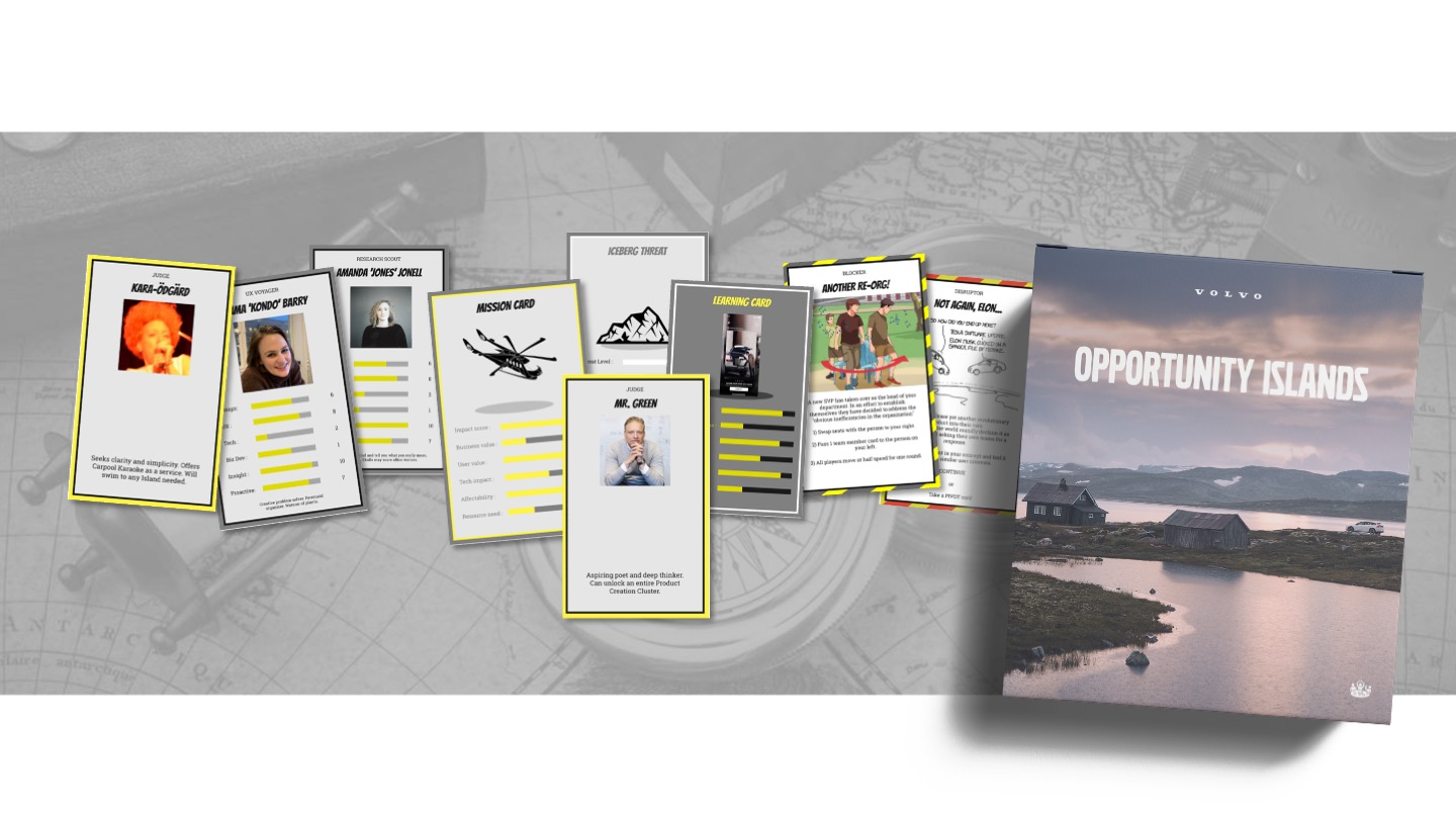 Opportunity Islands workshop game material with mission, learning and character cards alongside the Volvo proposal cover.