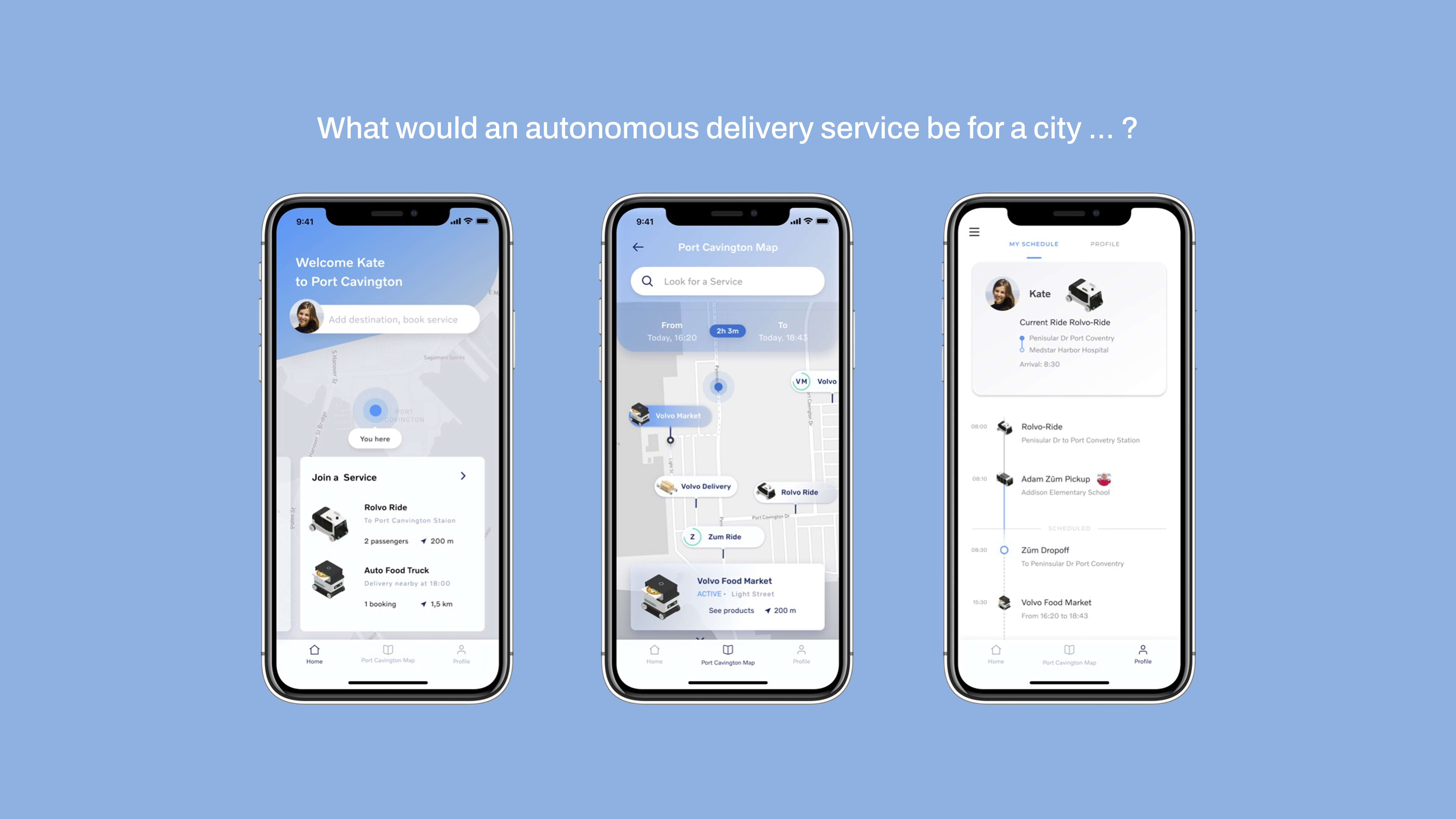 Autonomous city delivery service concept showing three mobile screens for discovering nearby services, viewing a service map and managing a personal schedule.