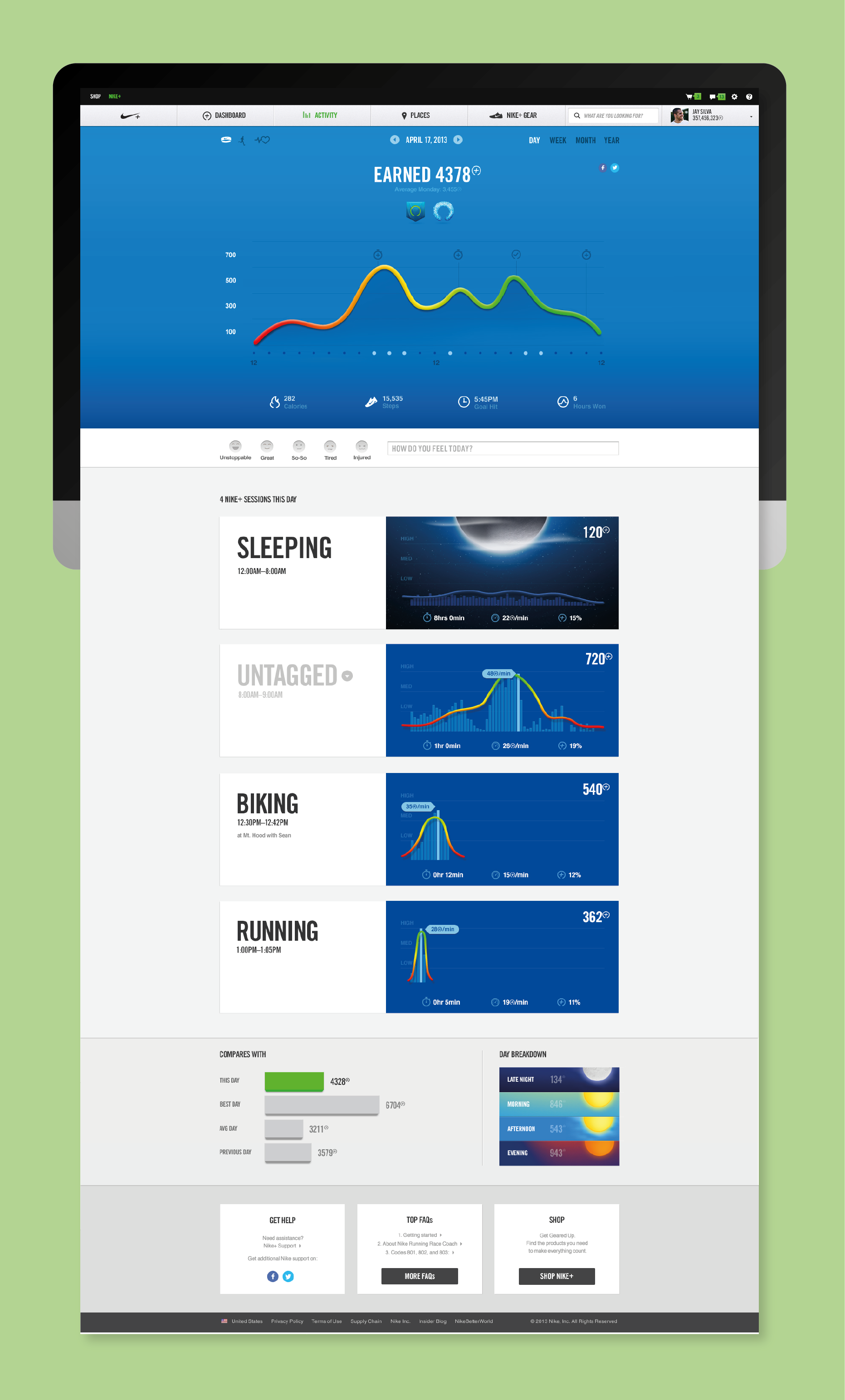 Nike activity dashboard with daily movement and session detail.
