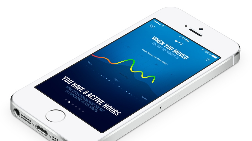 Nike+ Move activity screen on an angled white iPhone.