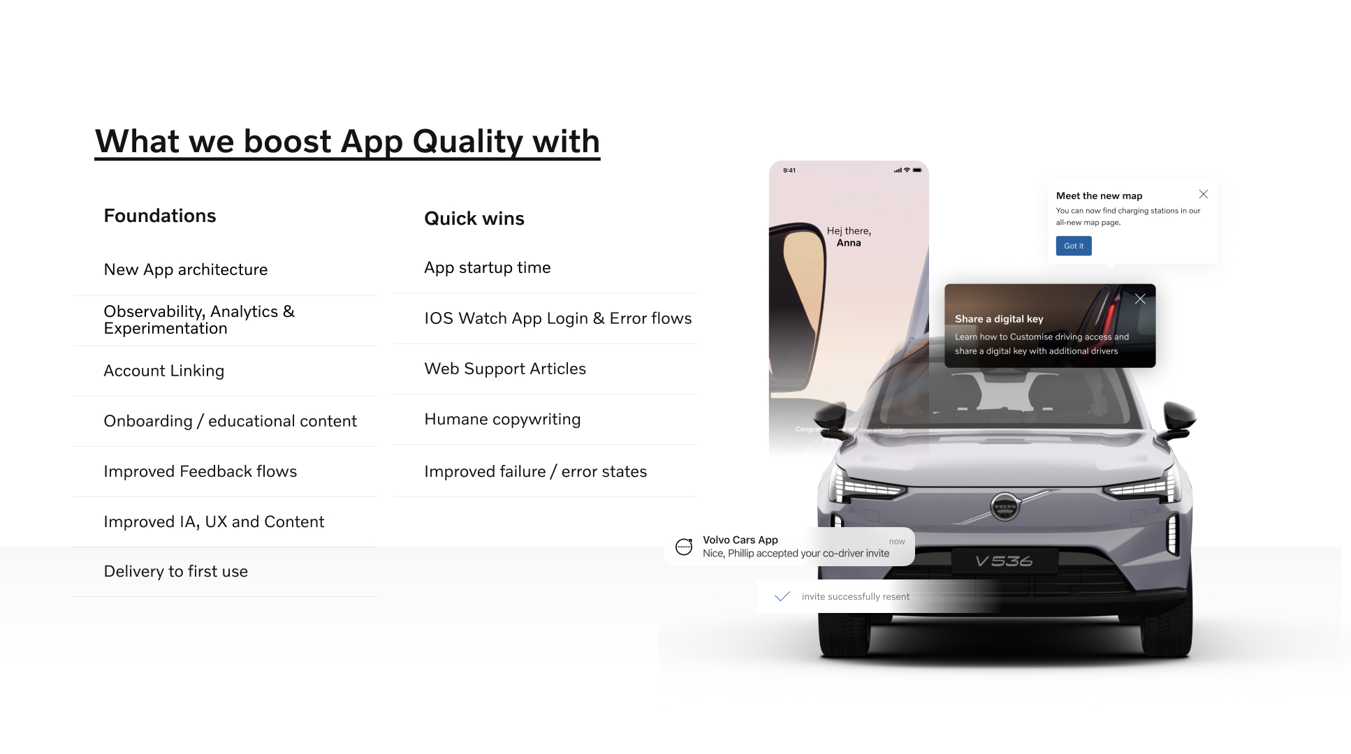 App quality priorities: foundations and quick wins, alongside Volvo Cars app interface examples.